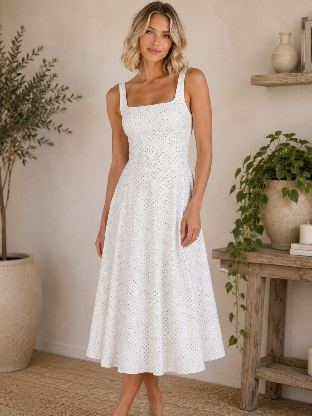 NWT OGL Brami White Square-Neck Polka Dot Midi Dress Cotton Summer Picnic Small